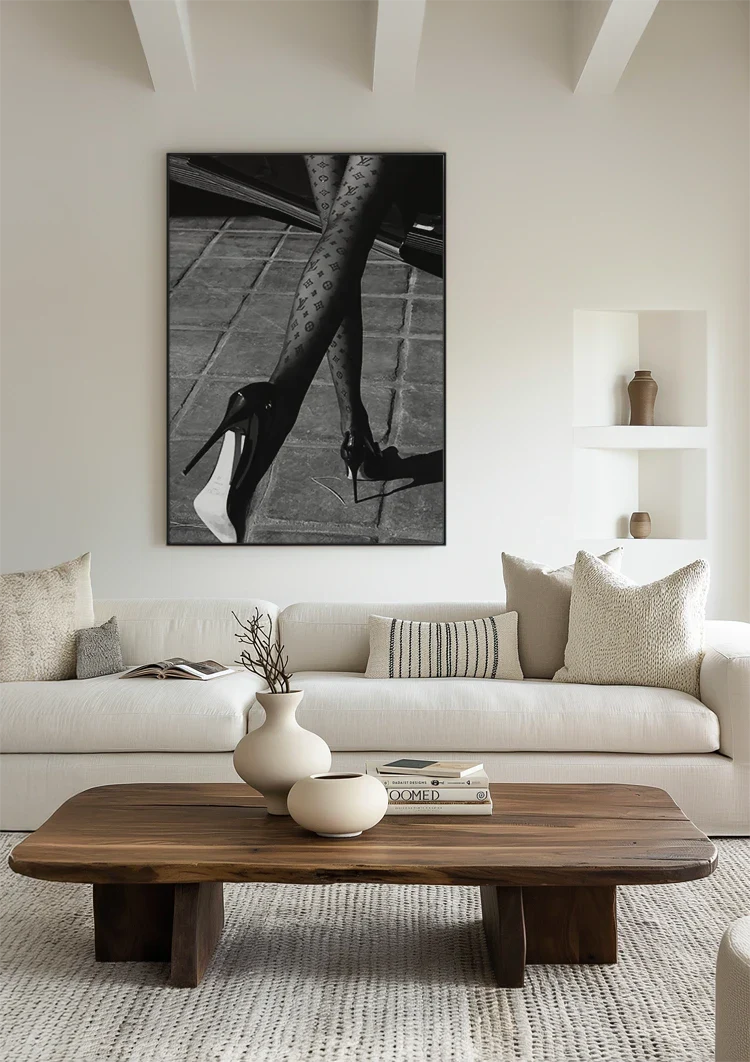 Damenbeine Netzstrümpfe High Heels Mode Schwarz Weiß Leinwandgemälde