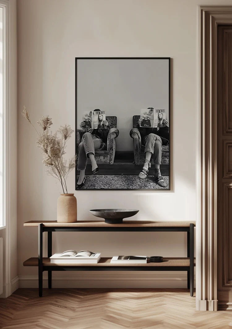 Two Women Armchairs Fashion Magazines Black White Waiting Room Painting