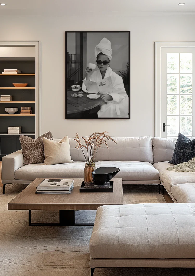 Elegant Woman Bathrobe Sunglasses Coffee Black White Glamour Painting