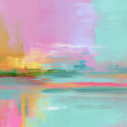 Pastel zonsondergang boven water canvas schilderij in roze en turquoise tinten