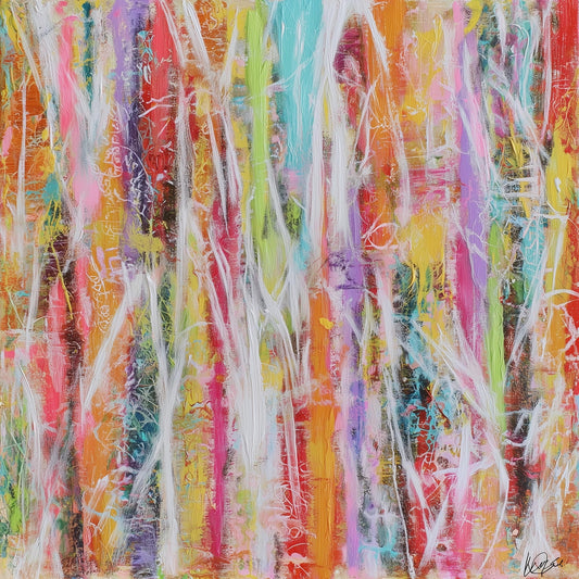 Abstract schilderij met kleurrijke verticale verfstrepen, canvas schilderij in felle kleuren