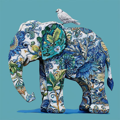 Delfts Blauw Olifant met Vogel Porselein Stijl Schilderij
