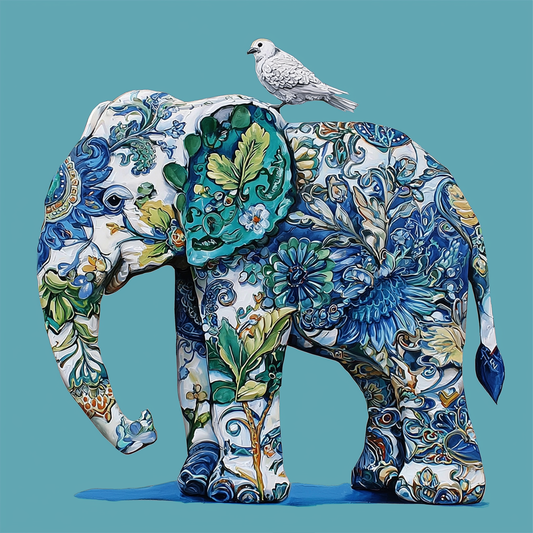 Delfts blauw olifant met vogel canvas schilderij in porselein stijl
