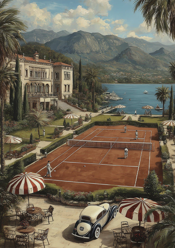 Luxusvilla Sandtennisplatz Italienischer See Berge Sommerlandschaft Gemälde