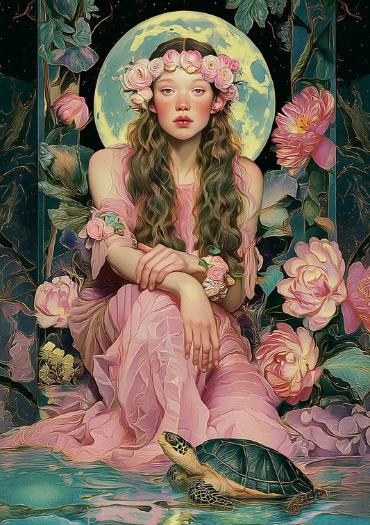 Vrouw met bloemenkroon canvas schilderij in roze en groen, mystieke fantasiestijl