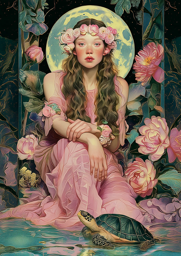 Young Woman Flower Crown Pink Dress Turtle Mystic Fantasy Portrait Painting