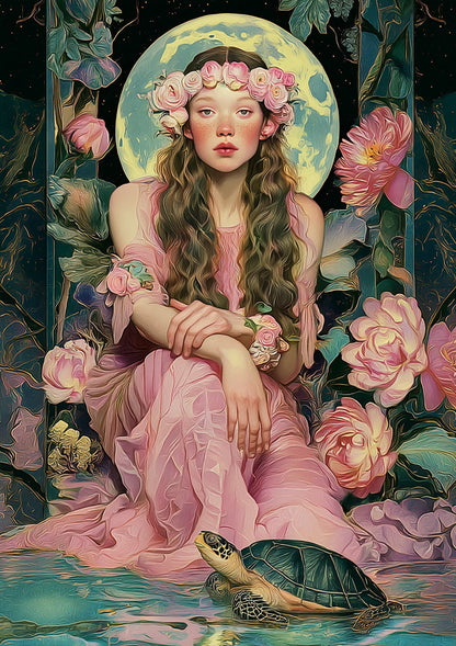 Young Woman Flower Crown Pink Dress Turtle Mystic Fantasy Portrait Painting