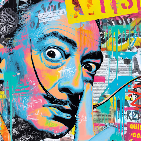 Kleurrijk portret van man met snor, canvas schilderij in neonkleuren en pop art stijl