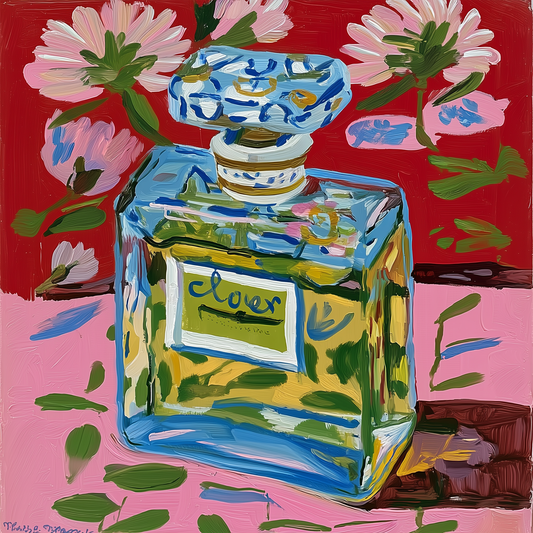Kleurrijke parfumfles met bloemen, canvas schilderij in pop art stijl op rode achtergrond