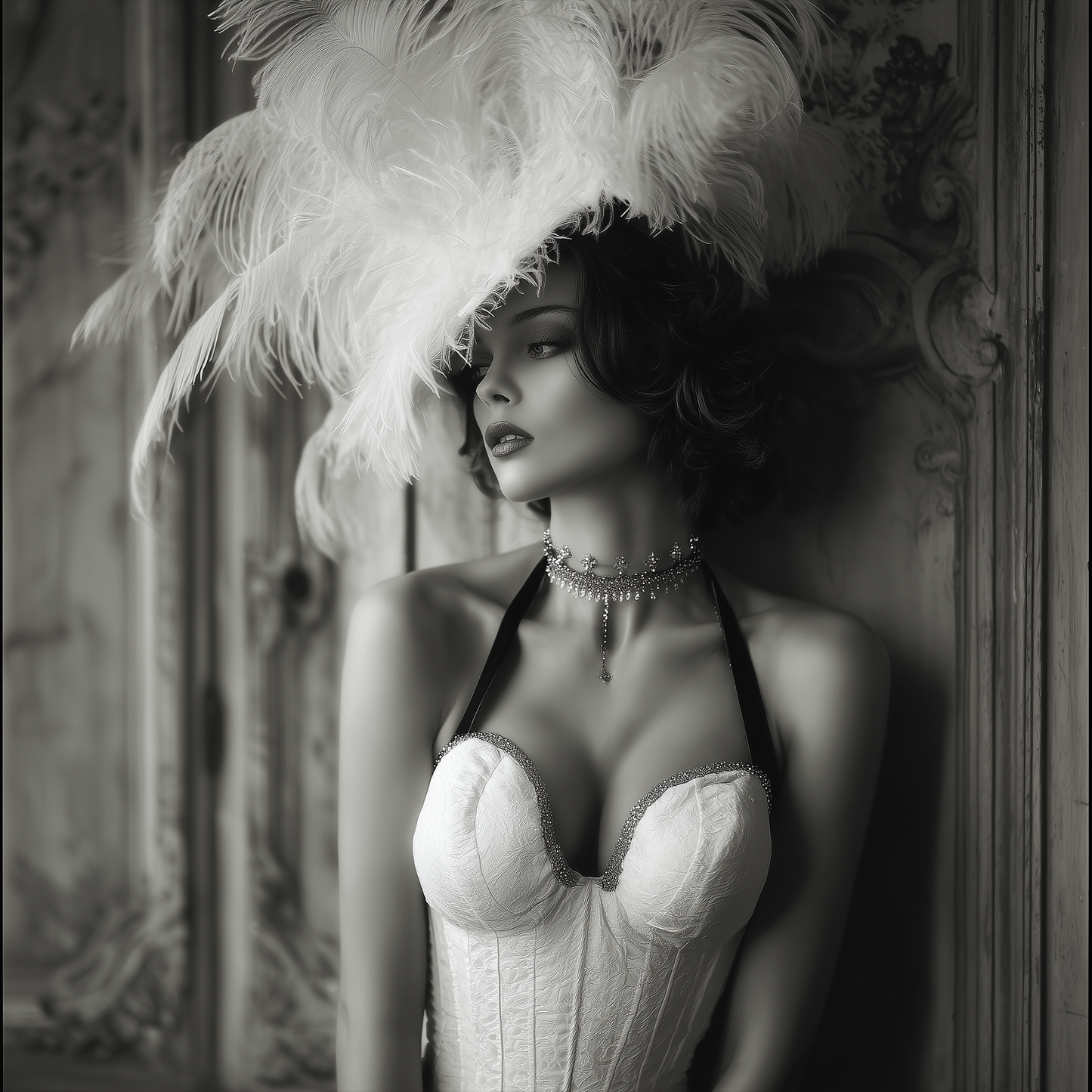 Elegant Woman Feather Hat Black White Belle Époque Portrait Painting