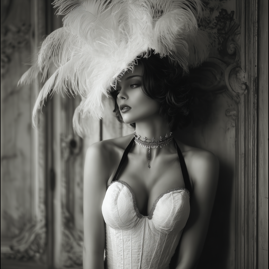 Elegant Woman Feather Hat Black White Belle Époque Portrait Painting