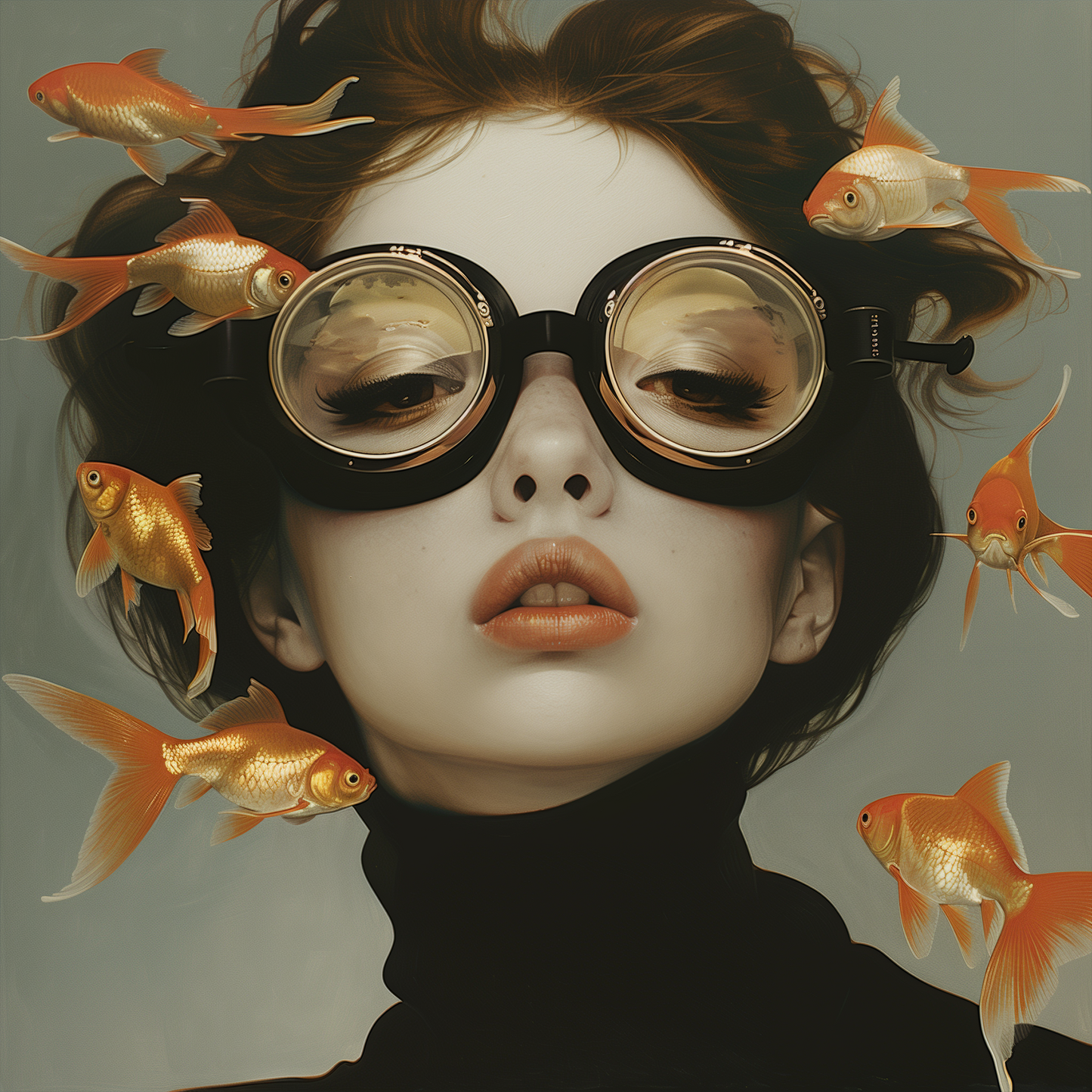 Woman with Round Glasses Goldfish Surreal Dream Portrait Painting