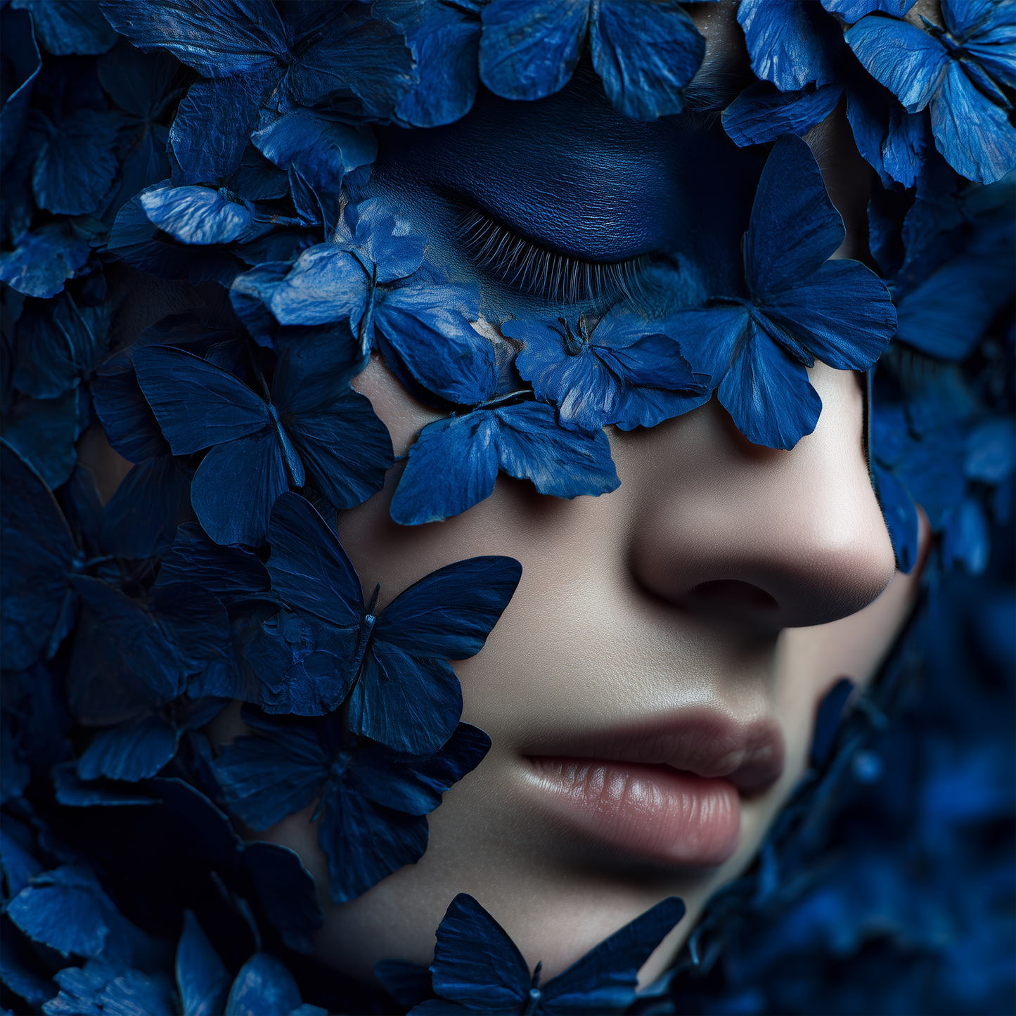 Woman's Face with Deep Blue Butterflies Surreal Painting
