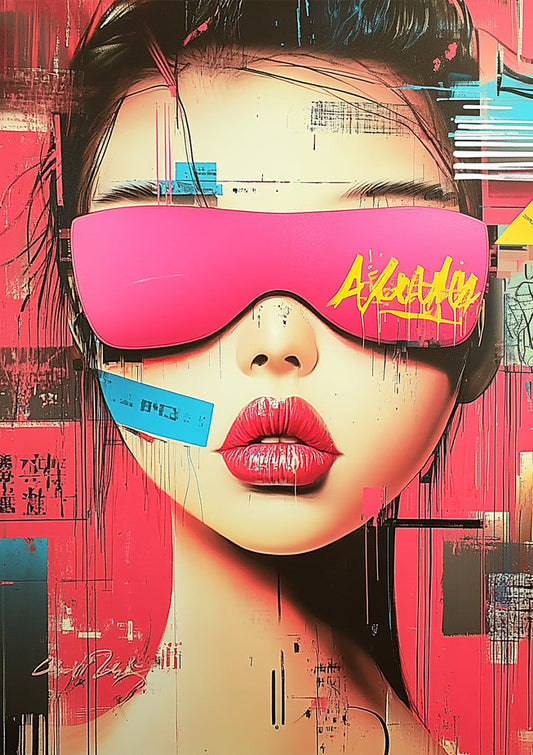 Vrouw met neon roze bril canvas schilderij in neon roze en geel, streetart stijl