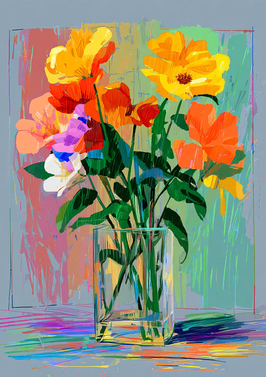 Bloemen in glazen vaas canvas schilderij in oranje, geel en roze, abstracte stijl