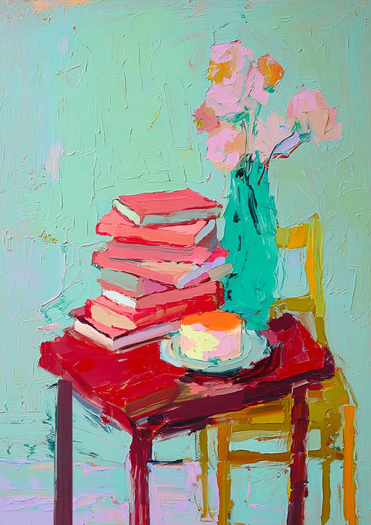 Stilleven boeken en bloemen canvas schilderij in teal en roze, gezellige sfeer