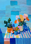 Zomerse Bloemenpracht Kleurrijke Boeketten Vazen Blauw Gestreept Tafelkleed Schilderij