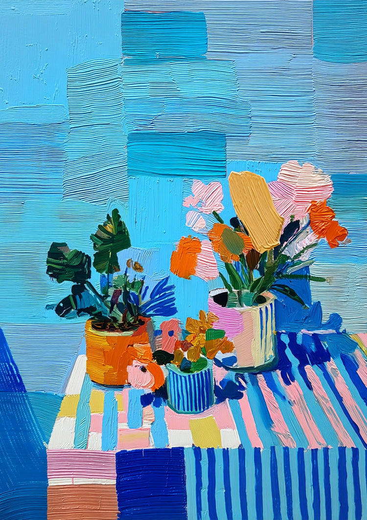 Zomerse Bloemenpracht Kleurrijke Boeketten Vazen Blauw Gestreept Tafelkleed Schilderij