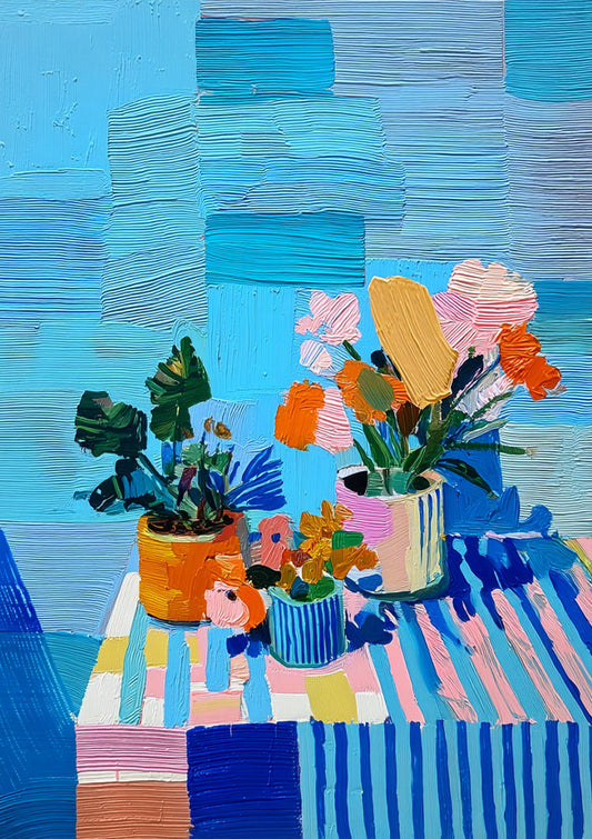 Zomerse Bloemenpracht Kleurrijke Boeketten Vazen Blauw Gestreept Tafelkleed Schilderij