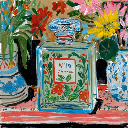 Parfumfles met bloemen canvas schilderij in blauwe, rode en gele tinten.