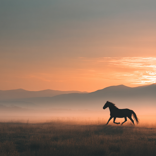 Paard bij zonsondergang canvas schilderij in warme oranje en taupe tinten.