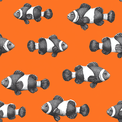 Black White Clownfish Repeat Pattern Orange Background Painting
