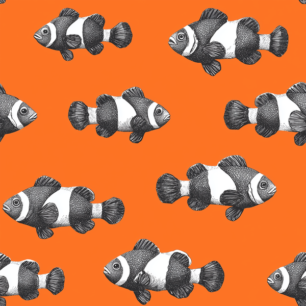 Black White Clownfish Repeat Pattern Orange Background Painting