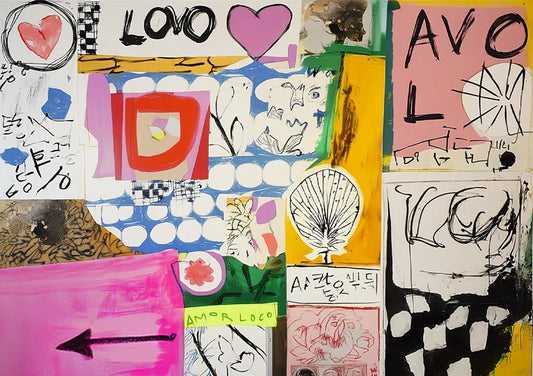 Speelse Amor Loco collage canvas schilderij met hartjes in roze, geel en zwart-wit