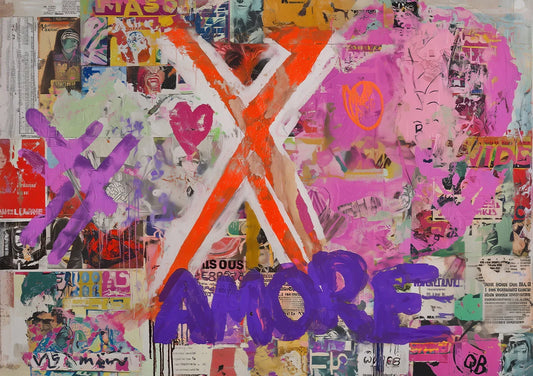 Kleurrijke Amore pop art collage canvas schilderij met hartjes in roze en paars