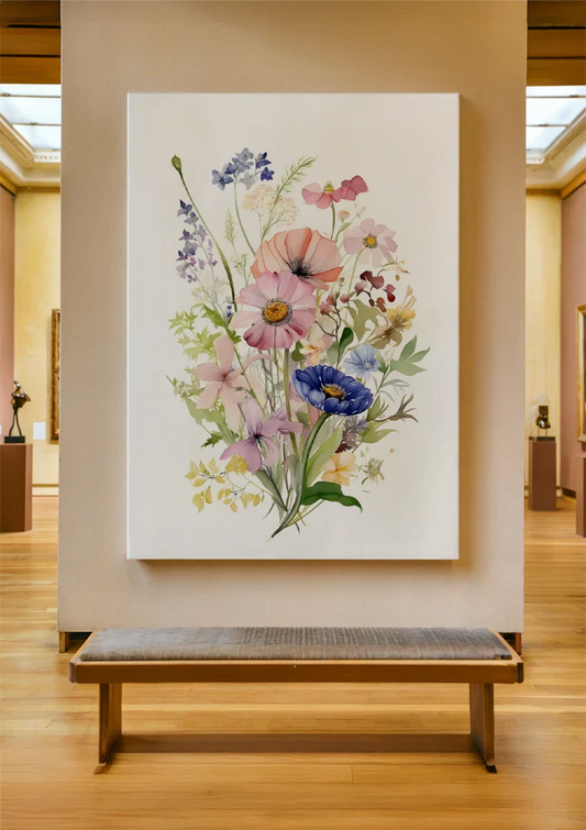 Het wildbloemenboeket in roze en blauw canvas schilderij aan de muur in de hal