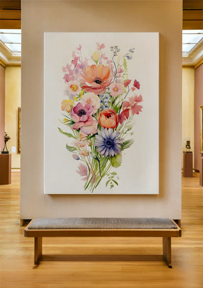 Aquarellstrauß Anemone Mohn Lila Orange Bunte Gartenblumen Gemälde