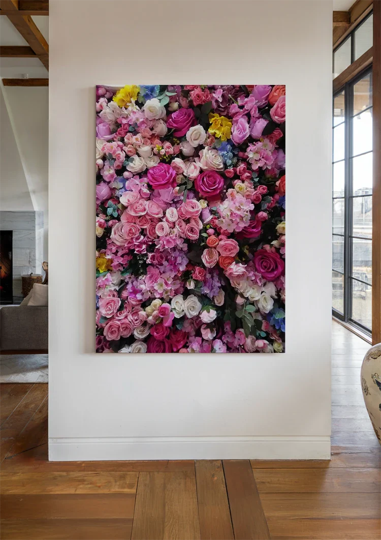 Farbenfrohe Rosa Rosen Blumenwand Magenta Weiß Lila Üppiges Gemälde