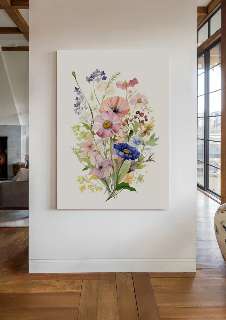 Aquarell Wildblumenstrauß Pastellfarben Rosa Blau Zart Botanisches Gemälde