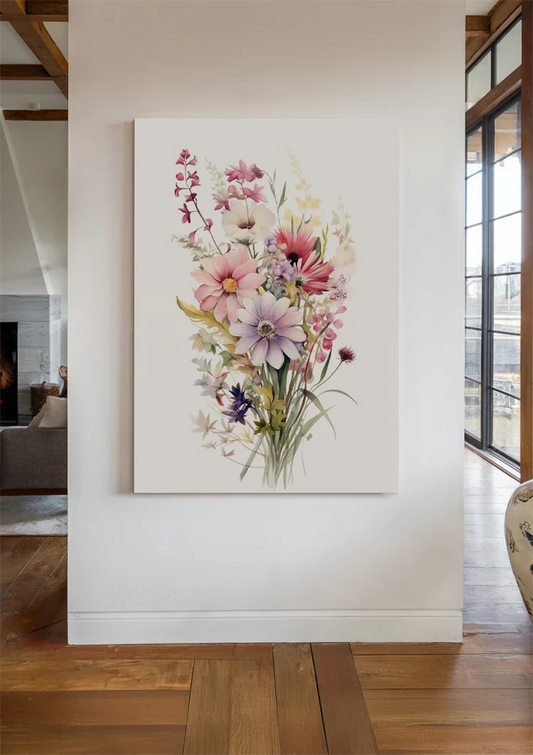Het bloemboeket met roze cosmos canvas schilderij aan de muur in de hal