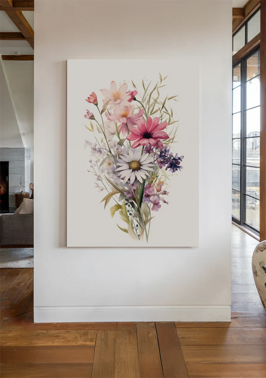 Boeket met wilde bloemen canvas schilderij aan de muur in de hal.