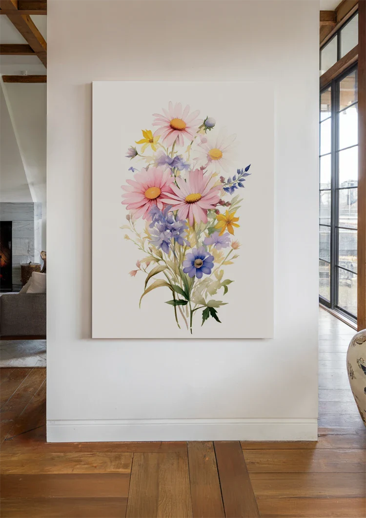 Aquarellstrauß Rosa Gänseblümchen Orange Lilie Lila Wildblumen Fröhliches Gemälde