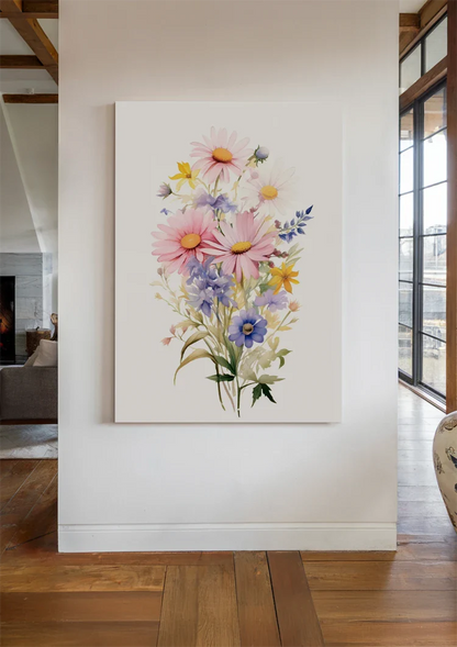 Aquarellstrauß Rosa Gänseblümchen Orange Lilie Lila Wildblumen Fröhliches Gemälde