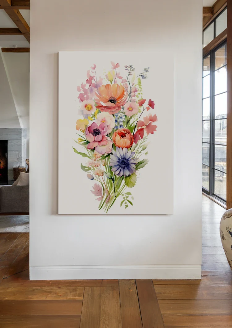 Aquarellstrauß Anemone Mohn Lila Orange Bunte Gartenblumen Gemälde