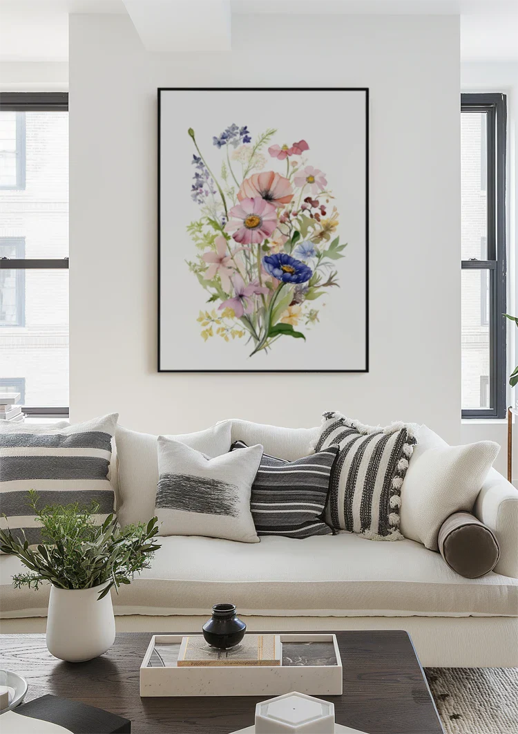 Aquarell Wildblumenstrauß Pastellfarben Rosa Blau Zart Botanisches Gemälde
