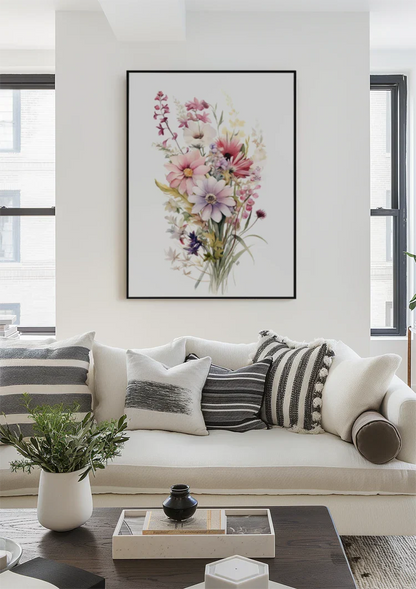 Aquarell Blumenstrauß Rosa Lila Kosmos Zarte Wildblumen Pastell Gemälde