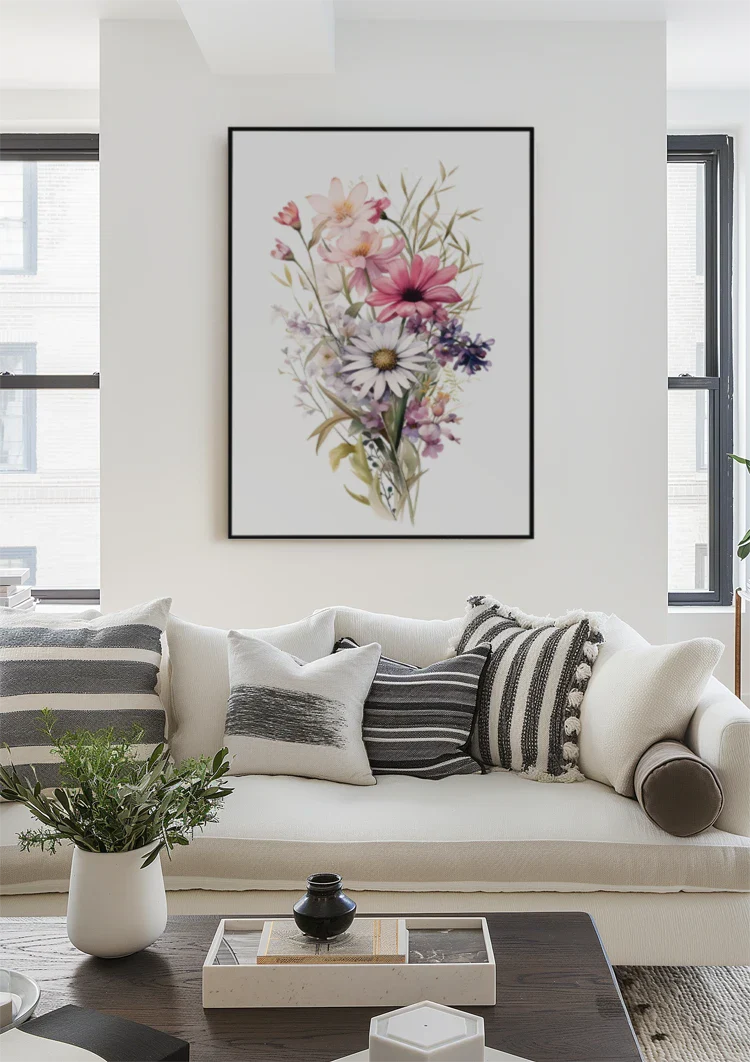 Aquarell Blumenstrauß Gänseblümchen Mohn Lila Rosa Wildblumenpracht Gemälde