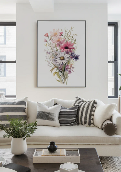 Aquarell Blumenstrauß Gänseblümchen Mohn Lila Rosa Wildblumenpracht Gemälde