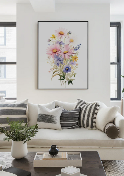 Aquarellstrauß Rosa Gänseblümchen Orange Lilie Lila Wildblumen Fröhliches Gemälde