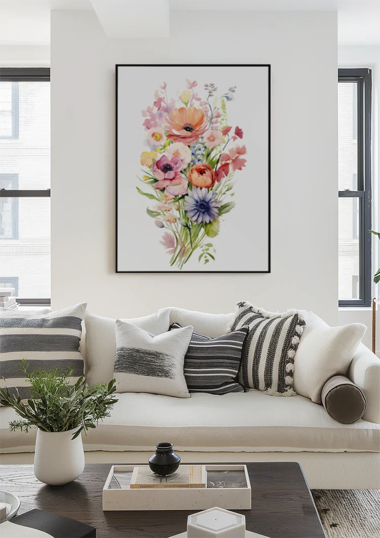 Aquarellstrauß Anemone Mohn Lila Orange Bunte Gartenblumen Gemälde