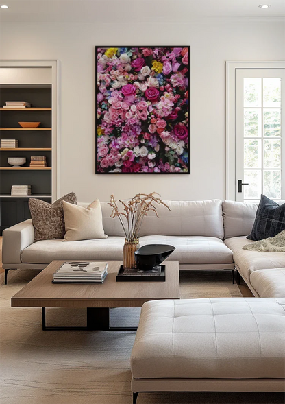 Farbenfrohe Rosa Rosen Blumenwand Magenta Weiß Lila Üppiges Gemälde