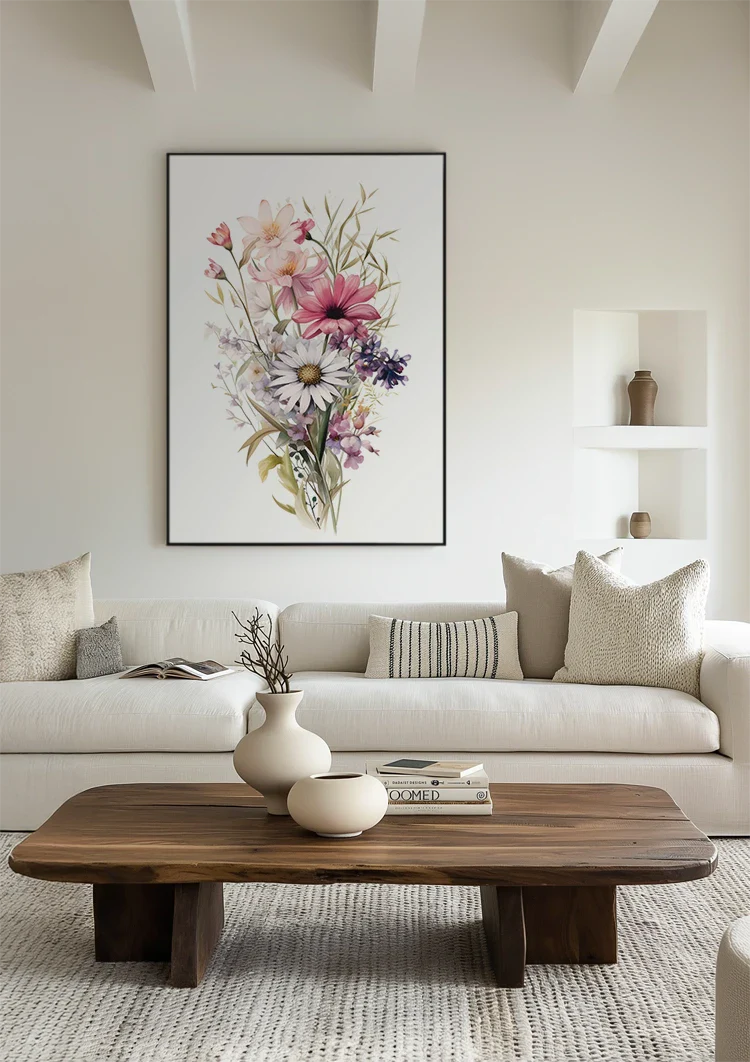 Aquarell Blumenstrauß Gänseblümchen Mohn Lila Rosa Wildblumenpracht Gemälde