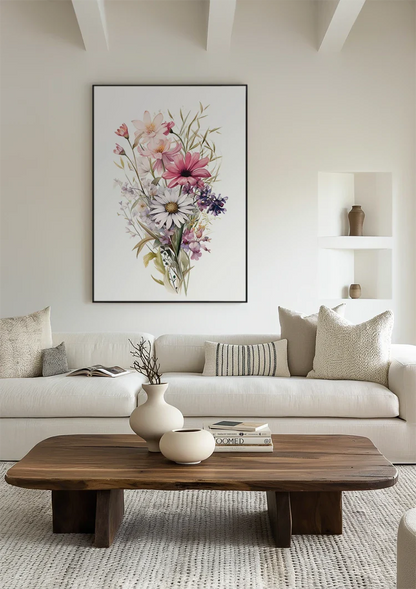 Aquarell Blumenstrauß Gänseblümchen Mohn Lila Rosa Wildblumenpracht Gemälde