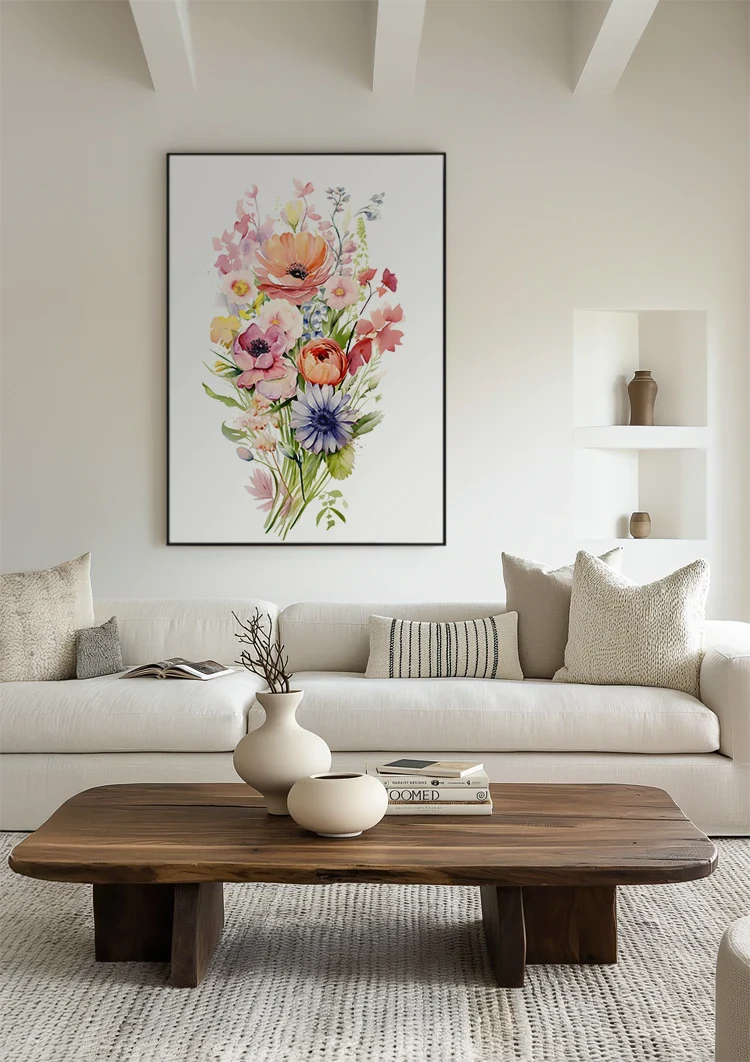 Aquarellstrauß Anemone Mohn Lila Orange Bunte Gartenblumen Gemälde