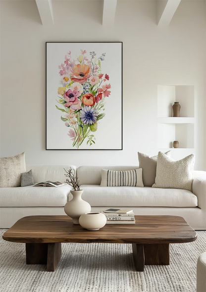 Aquarellstrauß Anemone Mohn Lila Orange Bunte Gartenblumen Gemälde