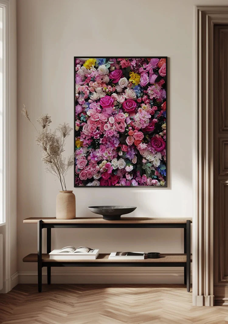 Farbenfrohe Rosa Rosen Blumenwand Magenta Weiß Lila Üppiges Gemälde